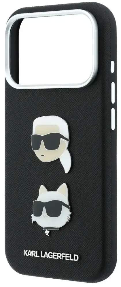 Dėklas Karl Lagerfeld Saffiano Karl&Choupette Heads Pins Strap Logo Case for iPhone 18 Pro / 17 Pro - Juodas