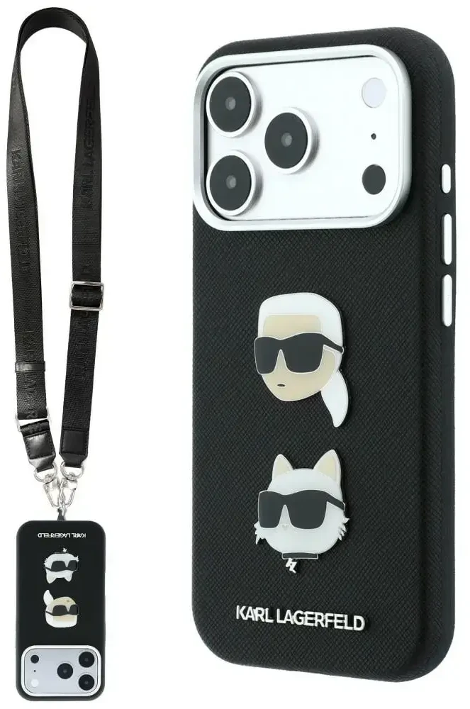 Dėklas Karl Lagerfeld Saffiano Karl&Choupette Heads Pins Strap Logo Case for iPhone 18 Pro / 17 Pro - Juodas