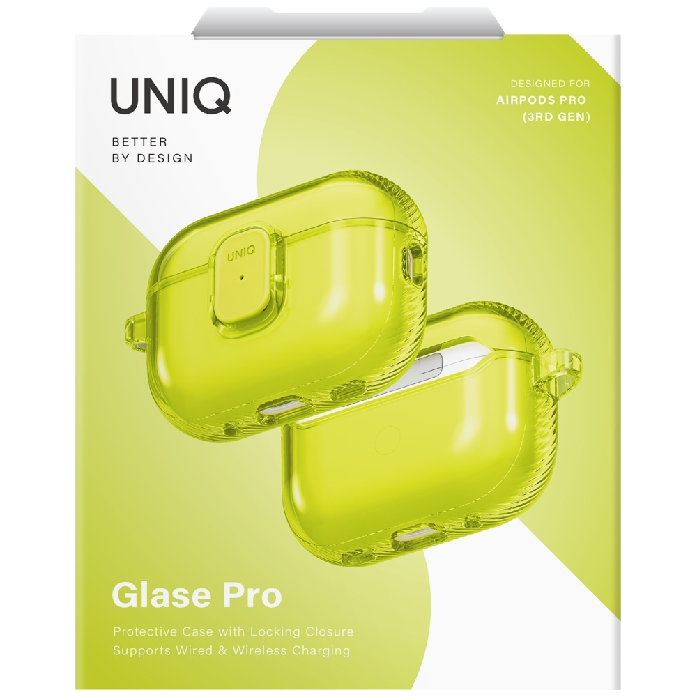 „Uniq Glase Pro“ dėklas, skirtas „AirPods Pro 3“ ausinėms, su užraktu – permatomas, geltonas