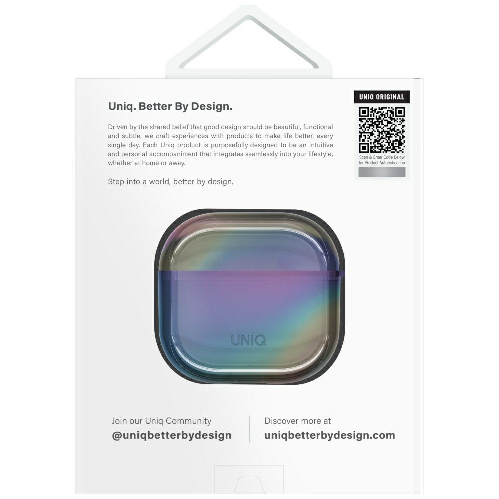 „Uniq Iridescia AirPods 4“ pakabinamas dėklas – holografinis, daugiaspalvis