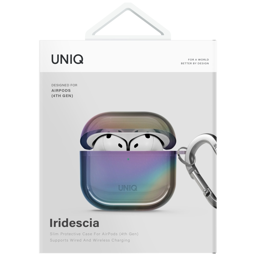 „Uniq Iridescia AirPods 4“ pakabinamas dėklas – holografinis, daugiaspalvis