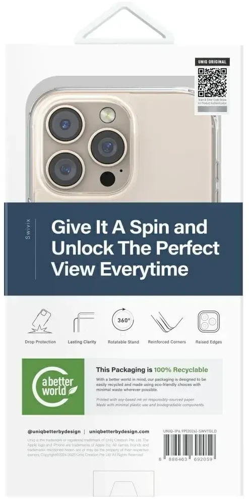 Uniq Swivix 360 besisukantis stovo dėklas, skirtas iPhone 16 Pro Max – auksinis