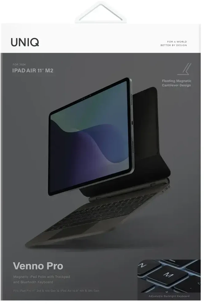 „Uniq Venno Pro“ magnetinis išmanusis dėklas su klaviatūra, skirtas „iPad Air 10.9" (2020/2022) / „Pro 11" (2021/2022) / „Air 11" (2024/2025/2026)“ - Juodas