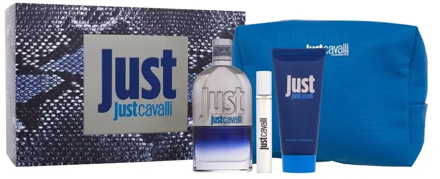 Roberto Cavalli Just Cavalli EDT rinkinys vyrams (EDT 90 ml + Dušo želė 100 ml + EDT 15 ml + Kosmetinis krepšelis)
