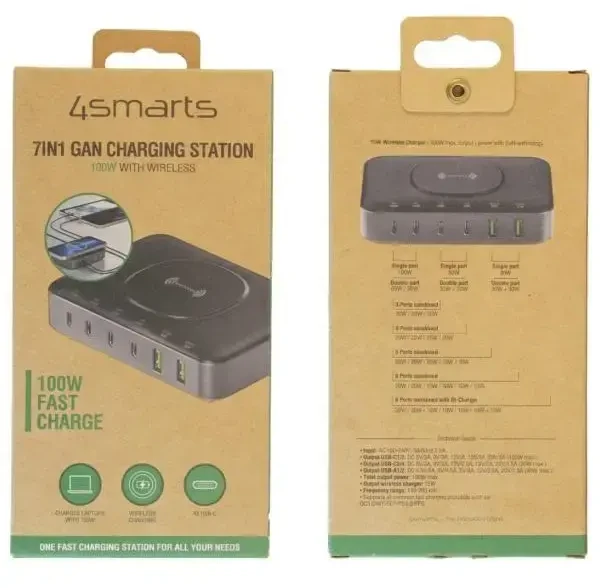 4smarts Įkrovimo stotelė 7in1 100W su belaidžiu įkrovimu juodos ir pilkos spalvos 540571