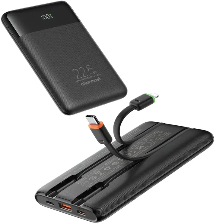 Nešiojamoji baterija Charmast W1202 PD3.0 3A 22,5W 10000 mAh su integruotais laidais USB C / Lightning juodas