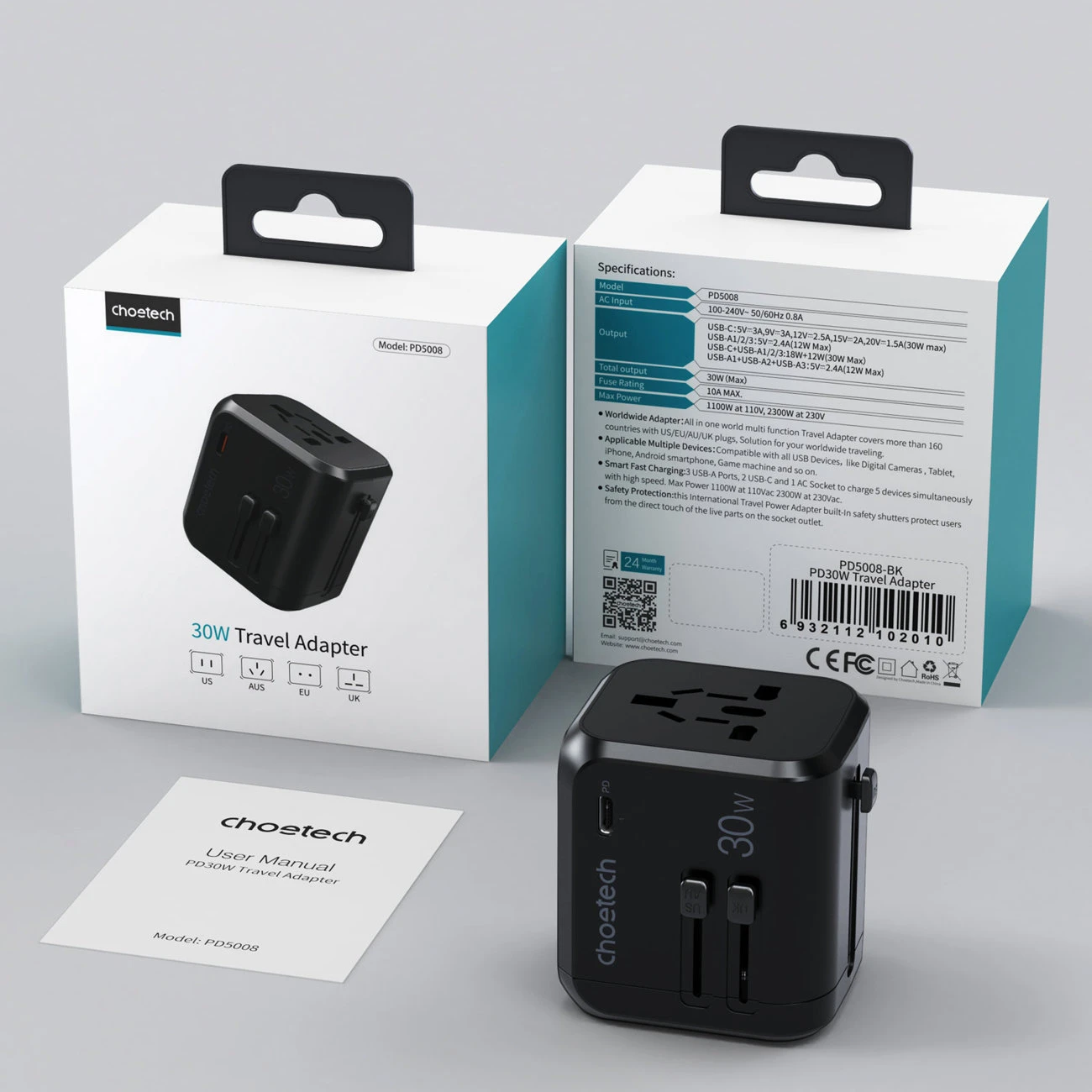 Kelioninis sieninis įkroviklis Choetech PD5008, 3xUSB-A, 1xUSB-C, GaN, 30W (juodas)
