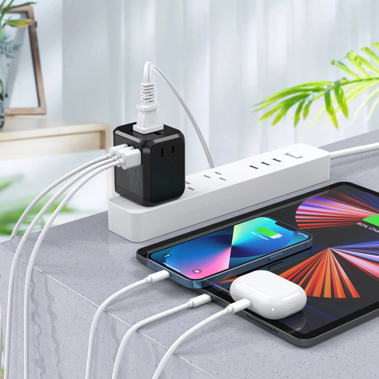 Kelioninis sieninis įkroviklis Choetech PD5008, 3xUSB-A, 1xUSB-C, GaN, 30W (juodas)