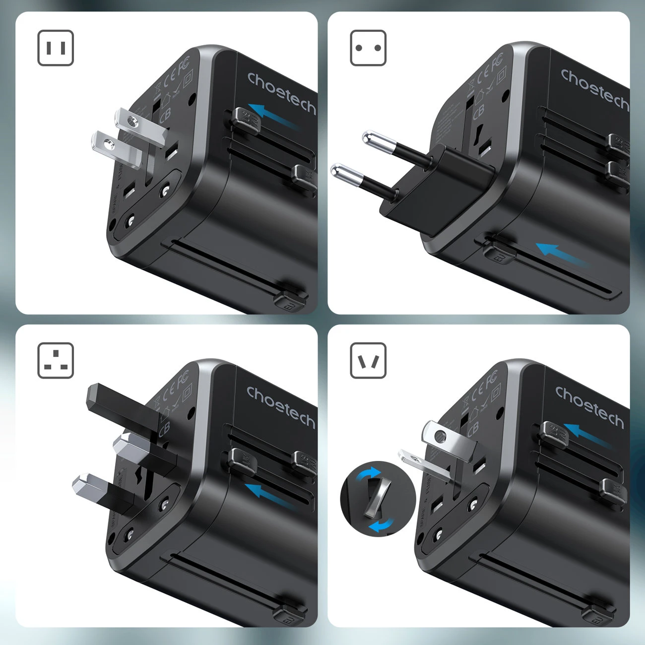 Kelioninis sieninis įkroviklis Choetech PD5008, 3xUSB-A, 1xUSB-C, GaN, 30W (juodas)
