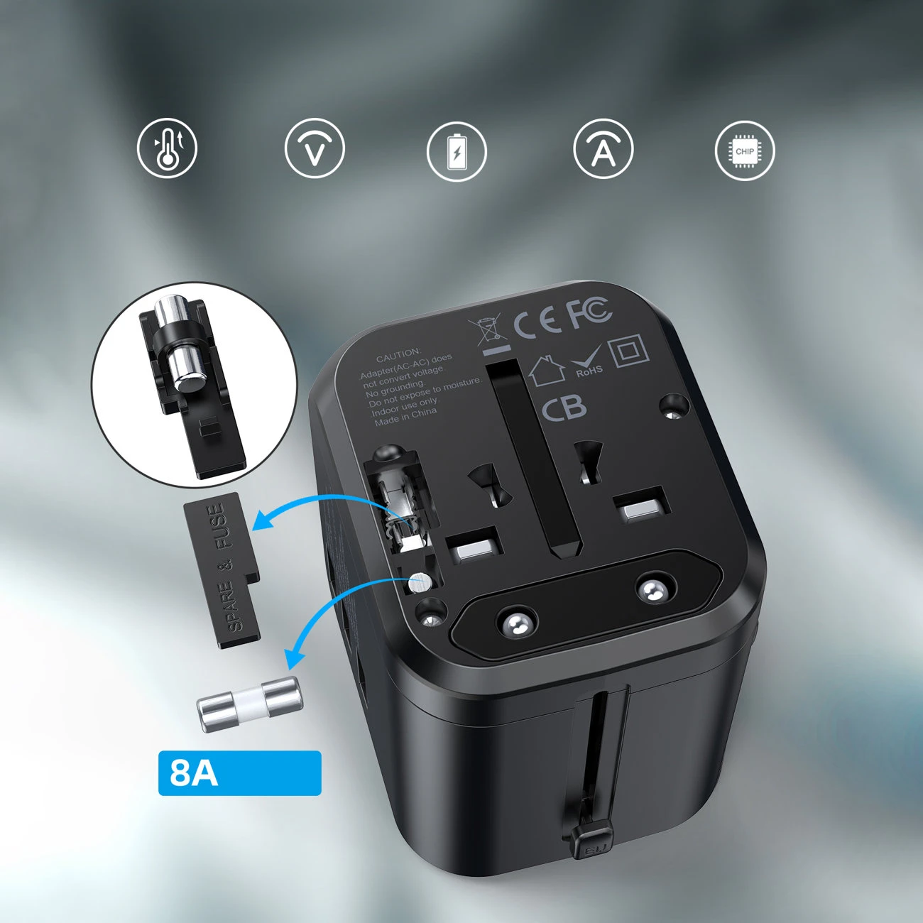 Kelioninis sieninis įkroviklis Choetech PD5008, 3xUSB-A, 1xUSB-C, GaN, 30W (juodas)