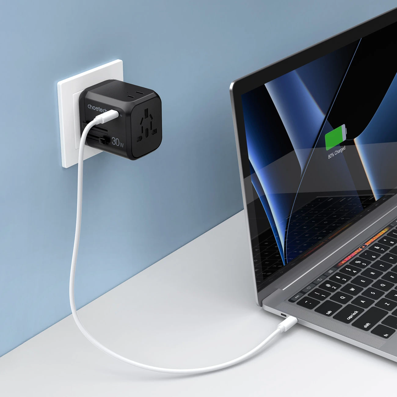 Kelioninis sieninis įkroviklis Choetech PD5008, 3xUSB-A, 1xUSB-C, GaN, 30W (juodas)