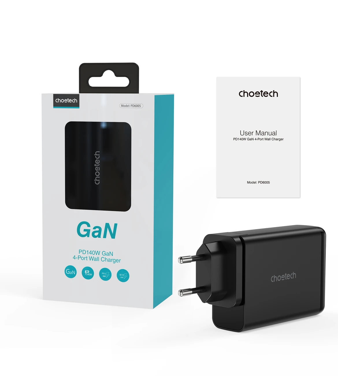 Kroviklis CHOETECH GaN 2x USB Type-C, 2x USB Type-A: 140W, PD3.1, QC3.0