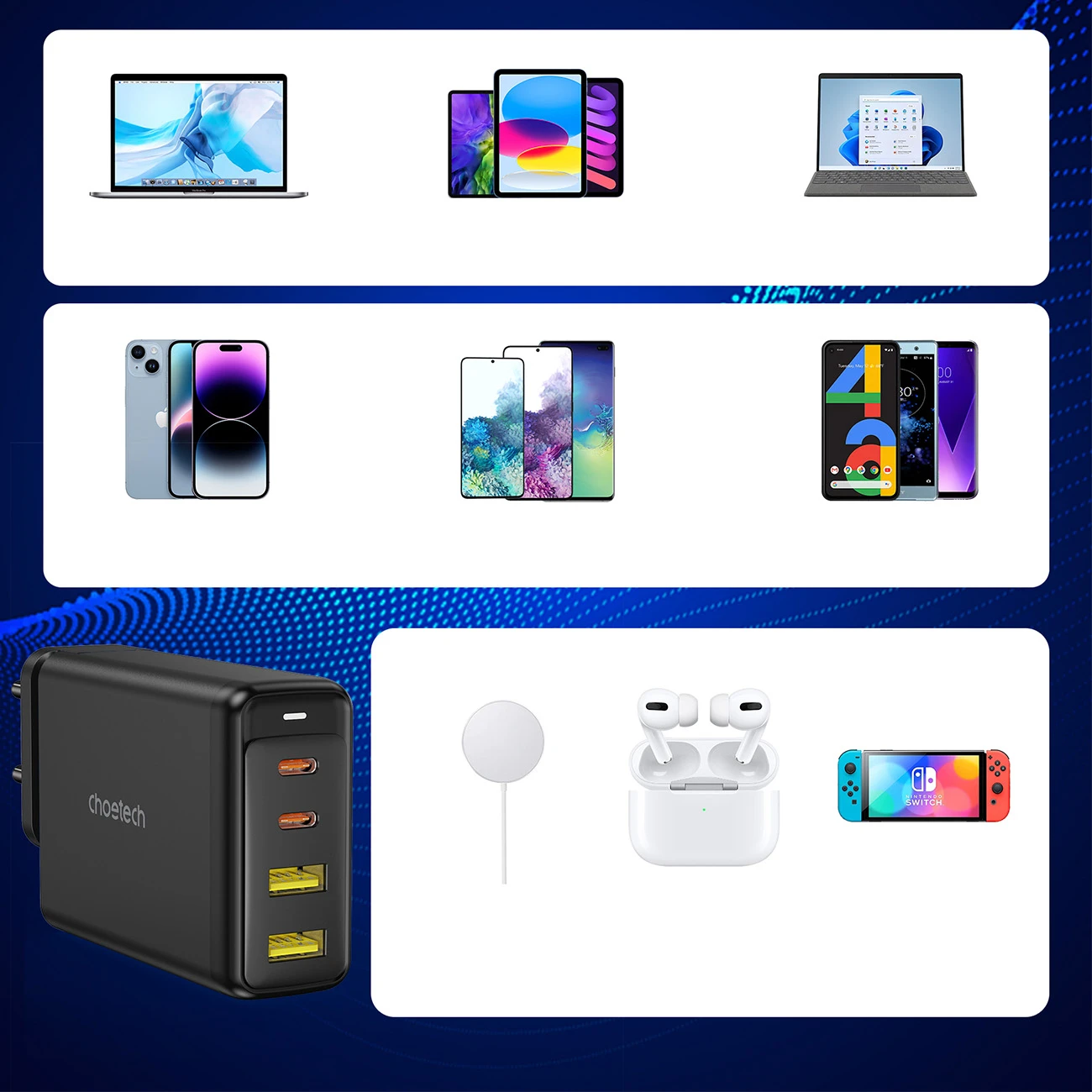 Kroviklis CHOETECH GaN 2x USB Type-C, 2x USB Type-A: 140W, PD3.1, QC3.0