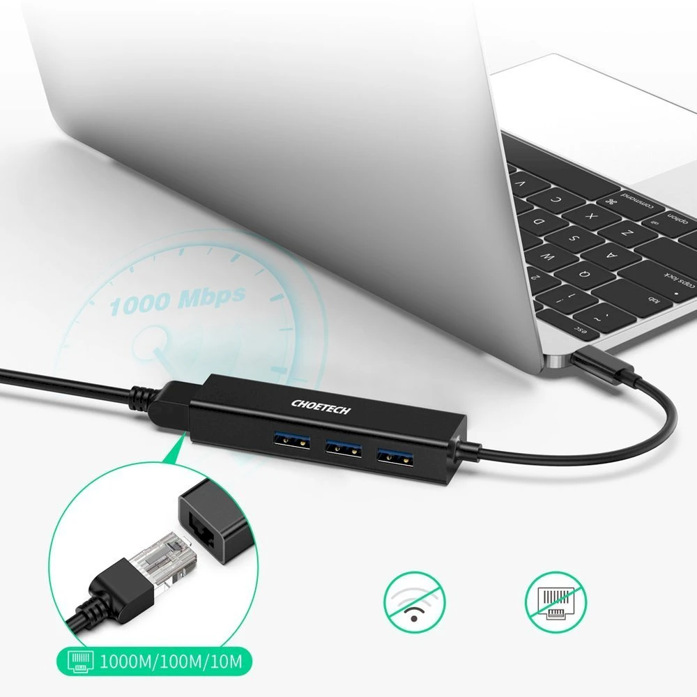 CHOETECH USB-C į RJ-45 ir USB-A adapteris su 1000Mbps greičiu
