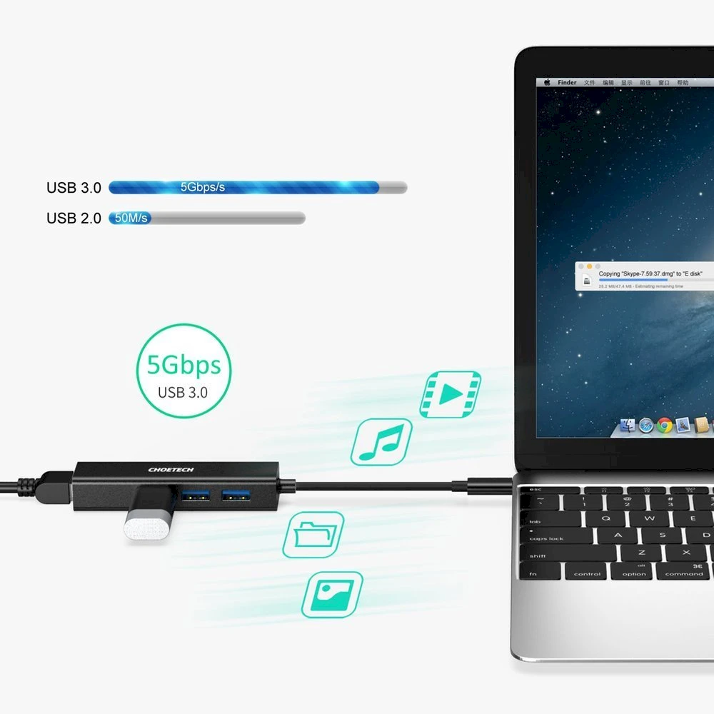 Adapteris CHOETECH USB Type-C – 1x RJ-45, 3x USB Type-A