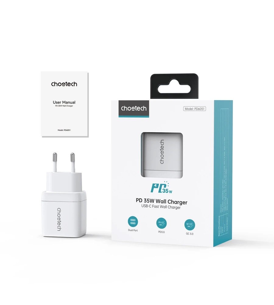 Kroviklis CHOETECH GaN 2xUSB Type-C: 35W, PD