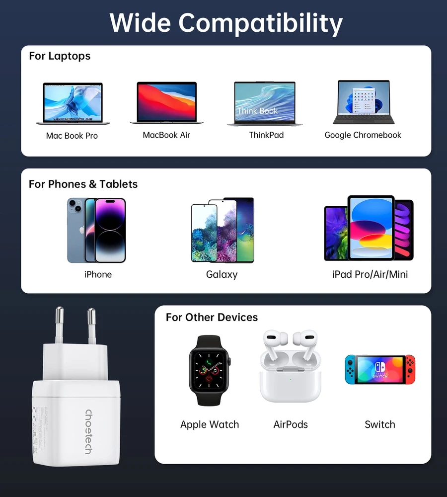 Kroviklis CHOETECH GaN 2xUSB Type-C: 35W, PD