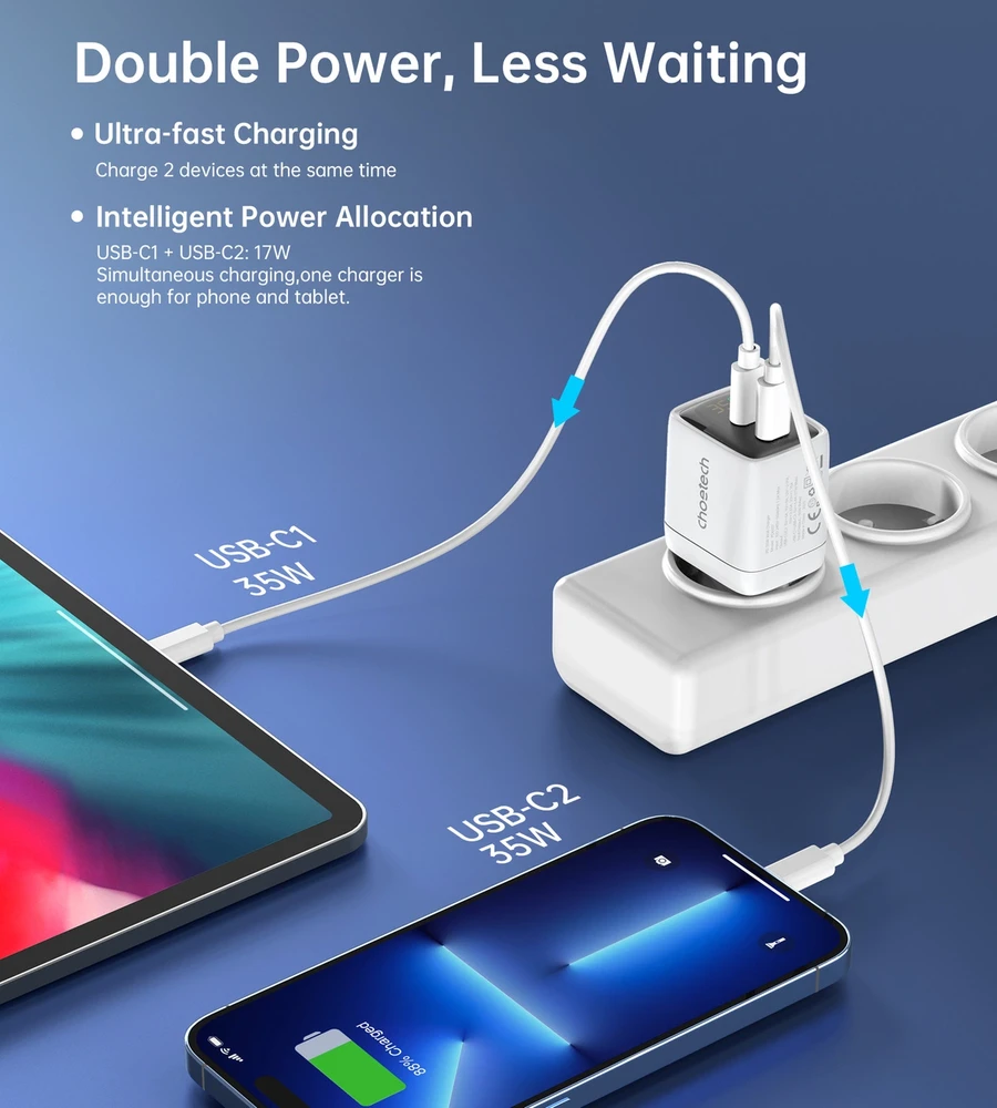 Kroviklis CHOETECH GaN 2xUSB Type-C: 35W, PD