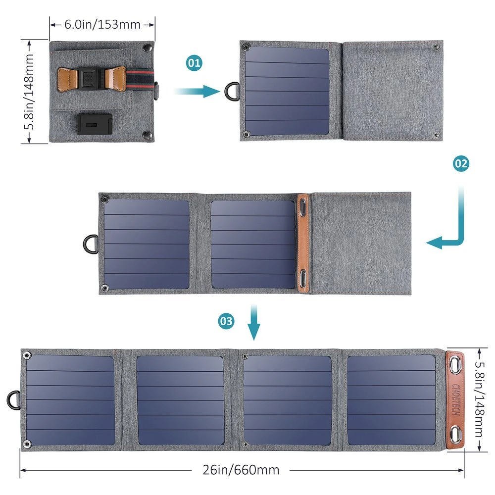 Sulankstomas saulės įkroviklis Choetech SC004 14W, 1xUSB (pilkas)
