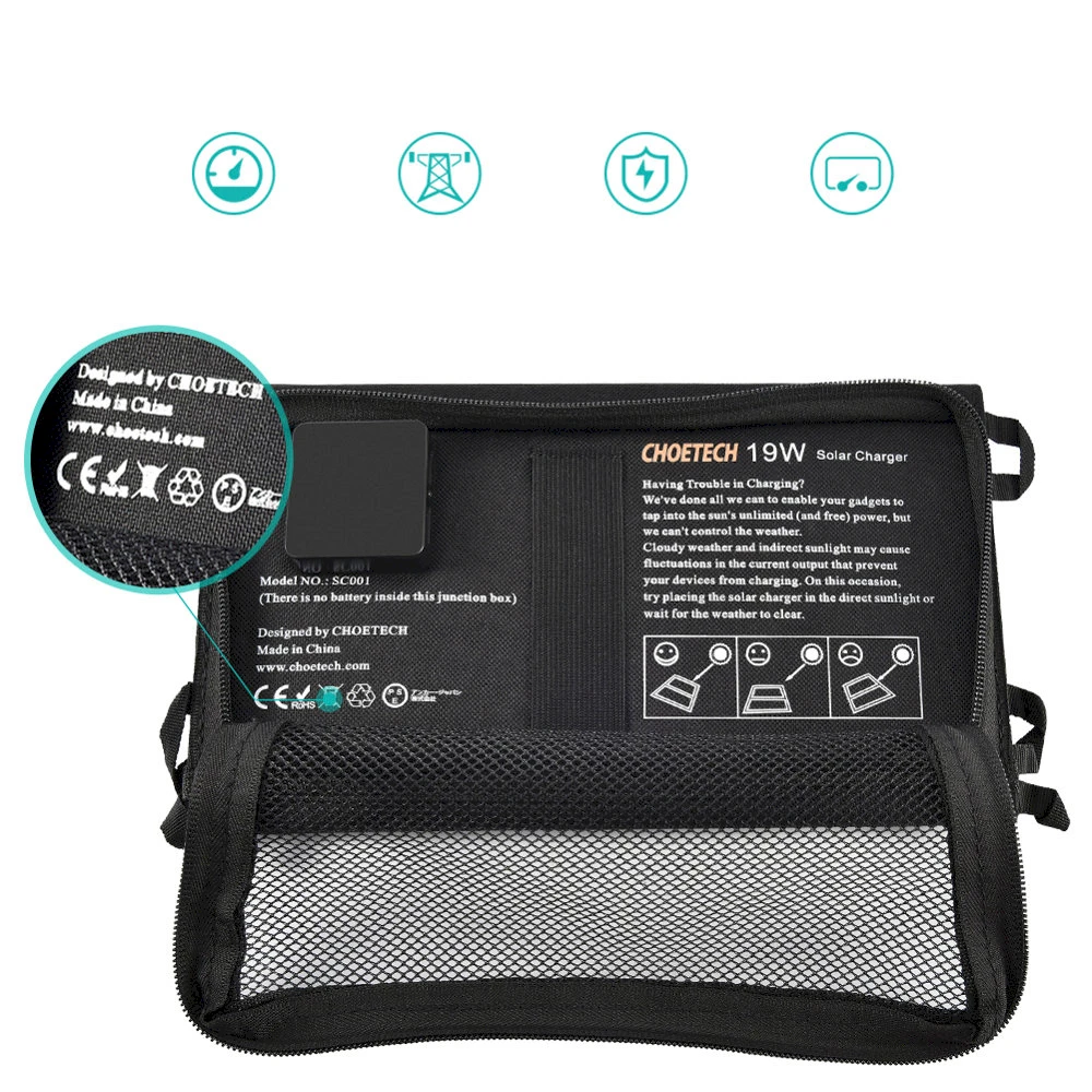 Sulankstomas saulės įkroviklis Choetech SC001 19W 2xUSB (juodas)