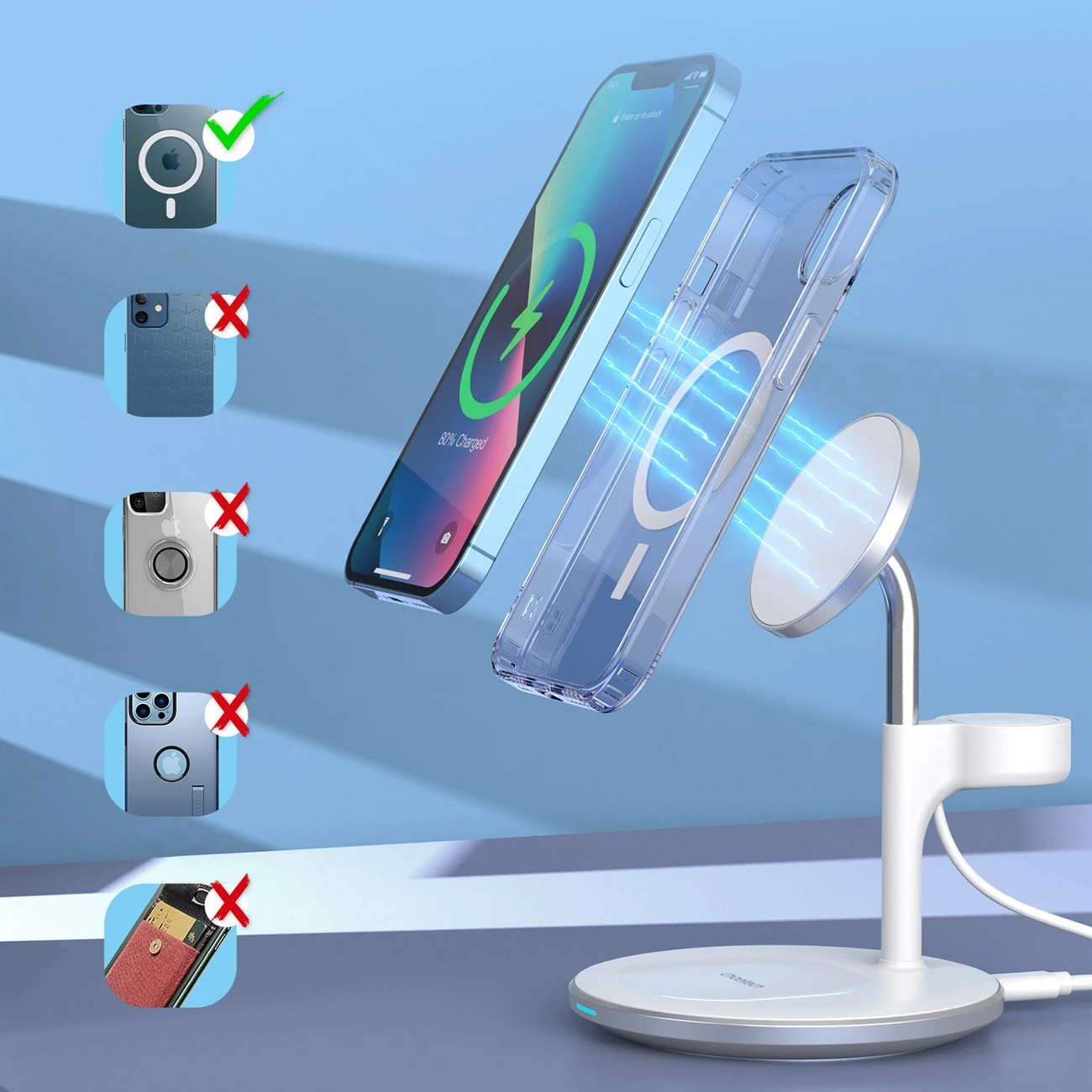 Belaidis įkroviklis CHOETECH, 15W, 3in1, magnetinis, baltas su stovu