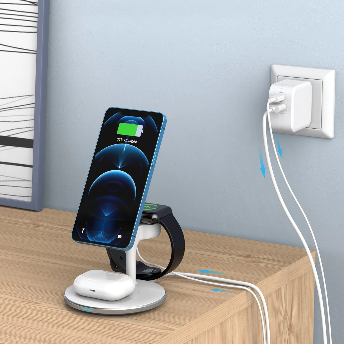 Belaidis įkroviklis CHOETECH, 15W, 3in1, magnetinis, baltas su stovu