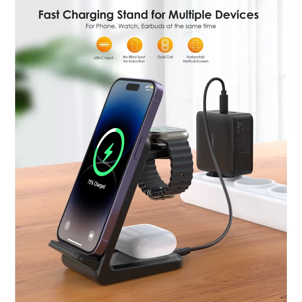 Belaidis įkroviklis CHOETECH, 15W, 3in1, juodas su stovu