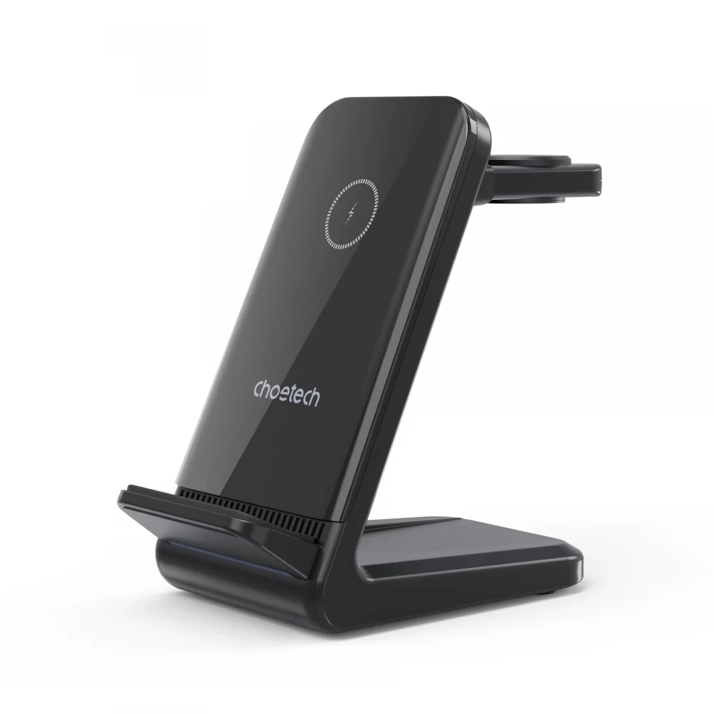 Belaidis įkroviklis CHOETECH, 15W, 3in1, juodas su stovu