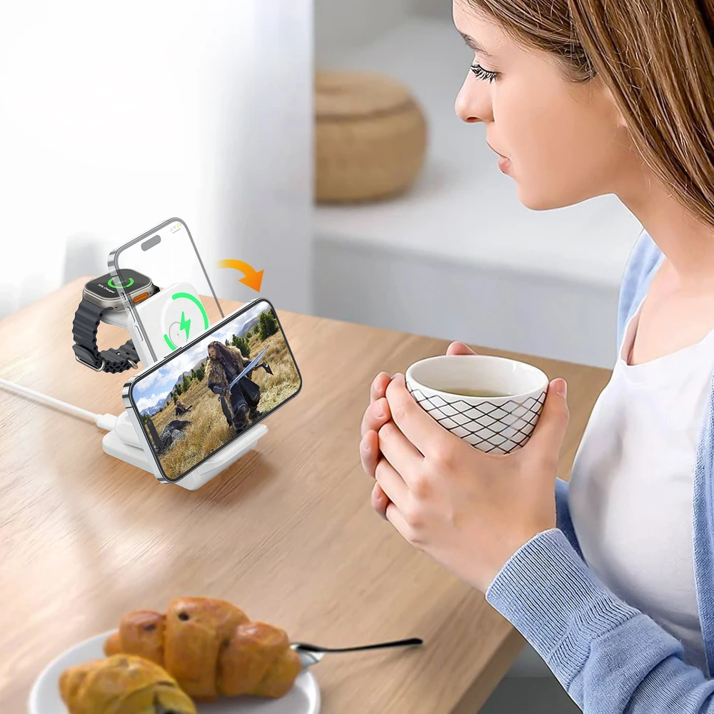 Belaidis įkroviklis CHOETECH, 15W, 3in1, baltas su stovu