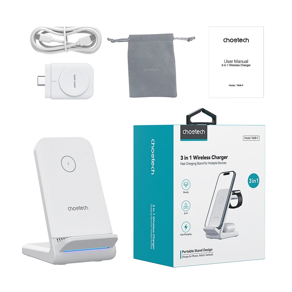 Belaidis įkroviklis CHOETECH, 15W, 3in1, baltas su stovu