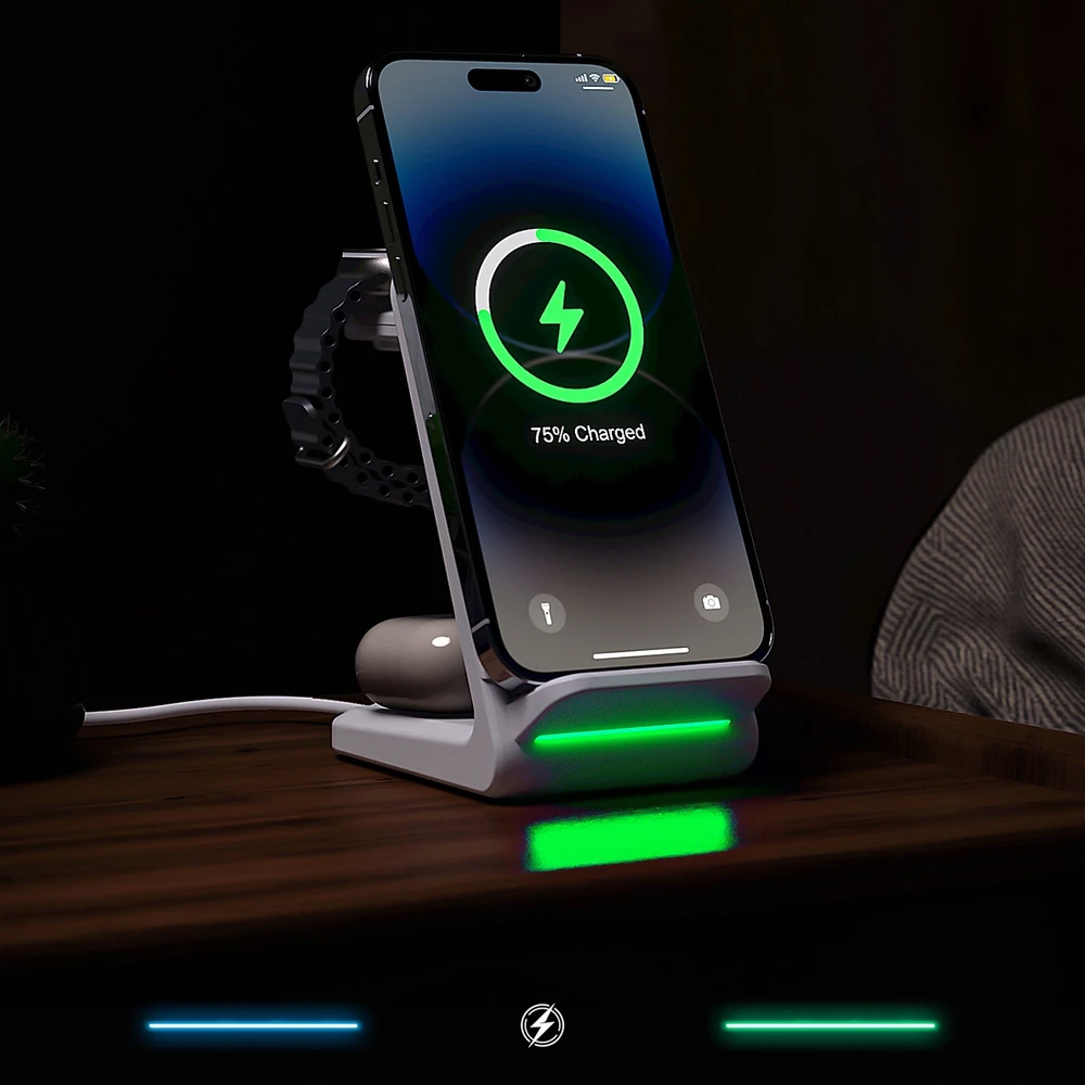 Belaidis įkroviklis CHOETECH, 15W, 3in1, baltas su stovu