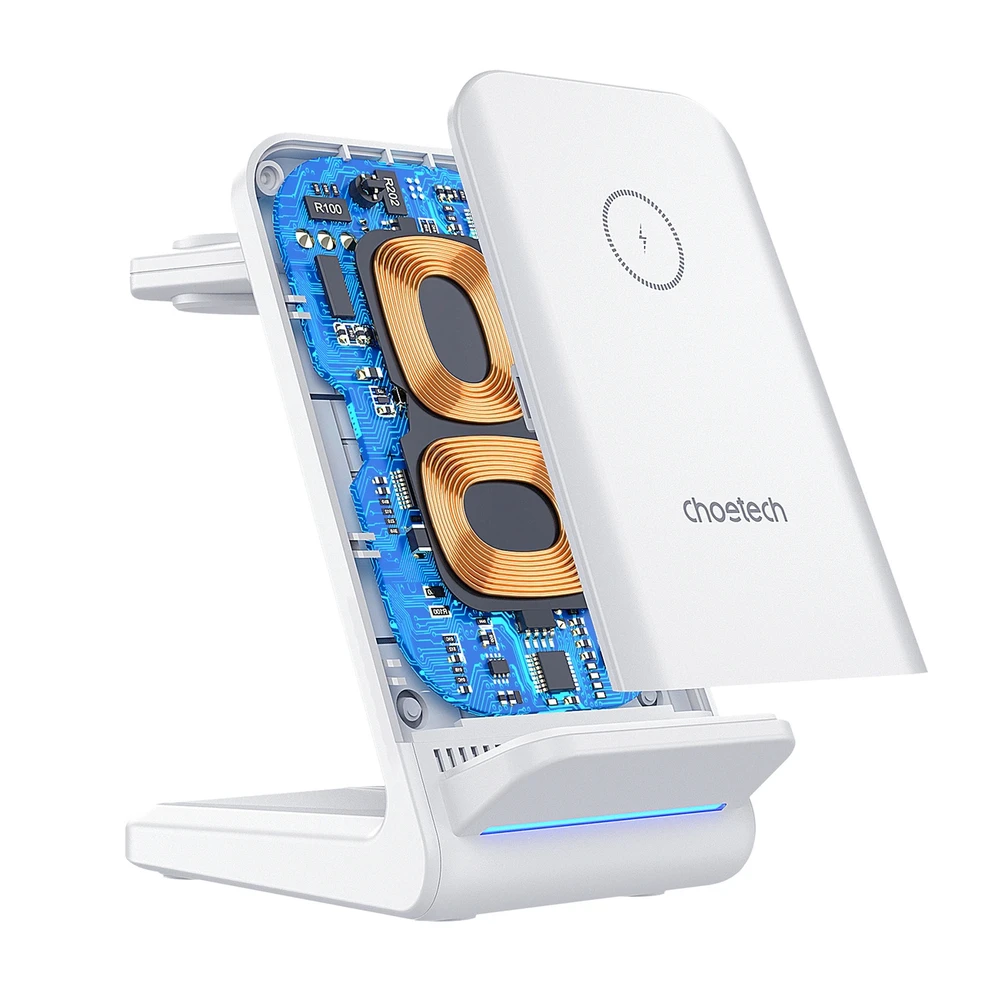 Belaidis įkroviklis CHOETECH, 15W, 3in1, baltas su stovu