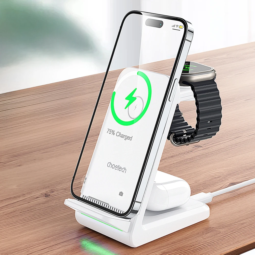 Belaidis įkroviklis CHOETECH, 15W, 3in1, baltas su stovu