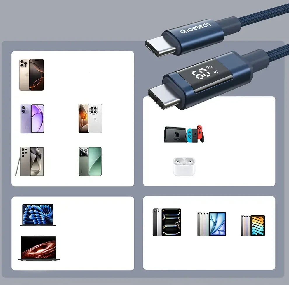Choetech XCC-1068 PD 60W USB-C - USB-C Cable with Ekranas 1.2 m - Mėlyna