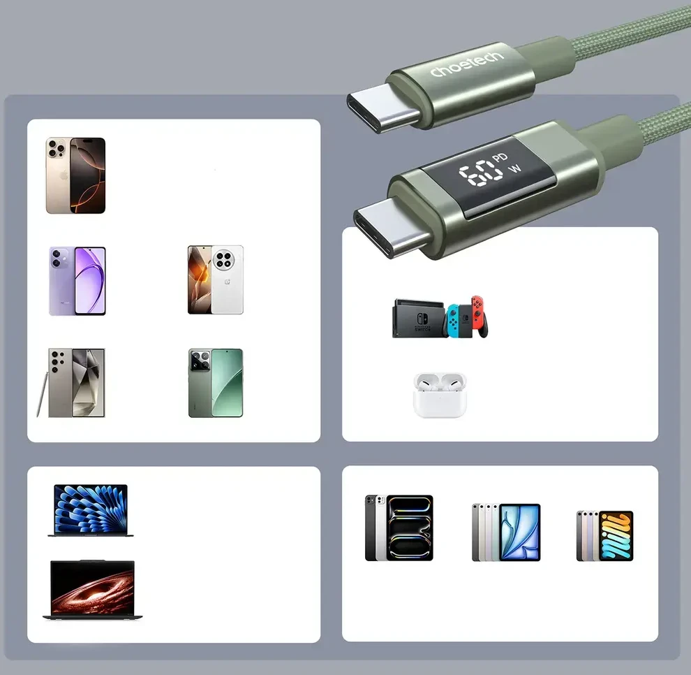 Choetech XCC-1068 PD 60W USB-C - USB-C Cable with Ekranas 1.2 m - Žalias