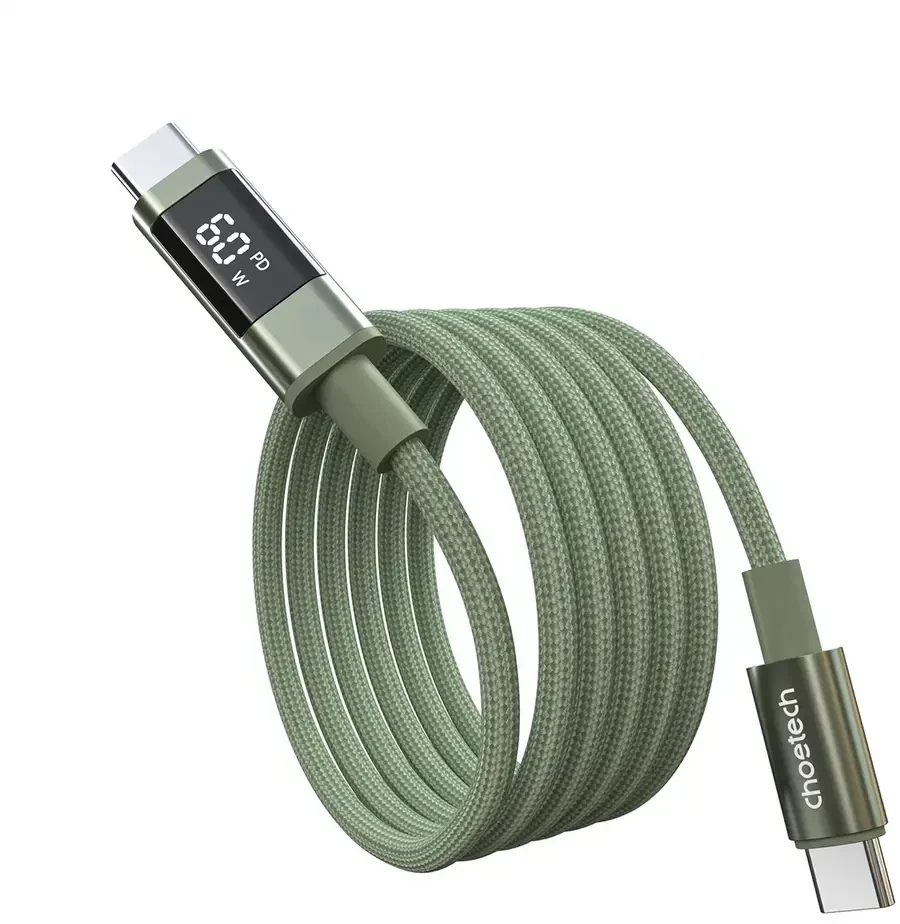 Choetech XCC-1068 duomenų perdavimo ir įkrovimo kabelis | USB-C į USB-C | PD | 60 W | su LED ekranu | 1,2 m | žalias