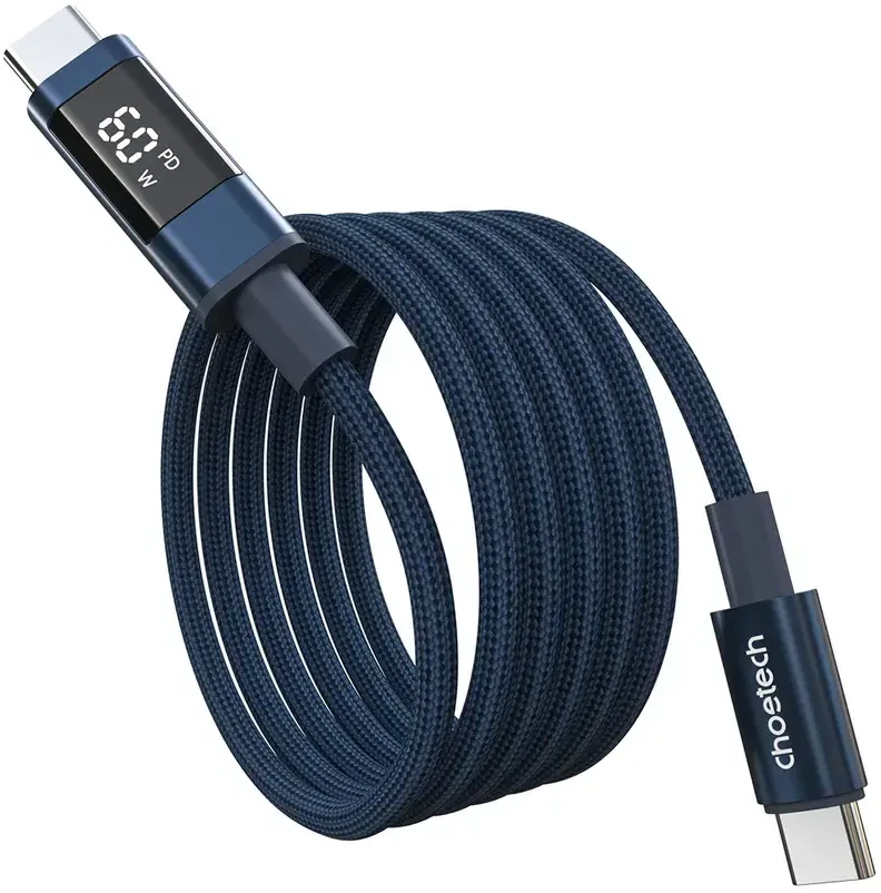 Choetech XCC-1068 duomenų perdavimo ir įkrovimo kabelis | USB-C į USB-C | PD | 60W | su LED ekranu | 1,2 m | mėlynas