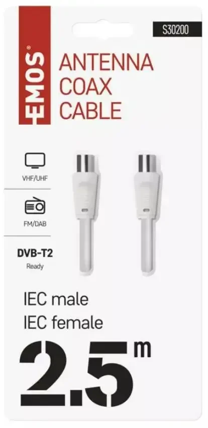 Kabelis TV antenai RF, 2.5m, kištukas - lizdas, baltas EMOS