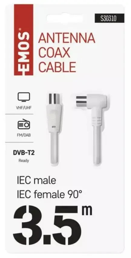 Kabelis TV antenai RF, 3.5m, kištukas - lizdas kampu, baltas EMOS