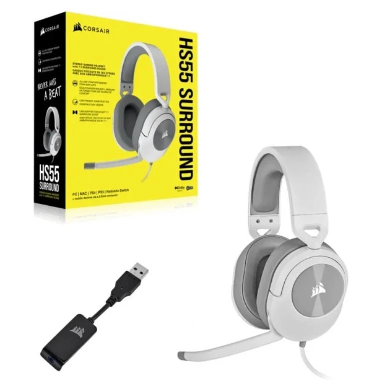 Corsair HS55 žaidimų ausinės, su laidu, su mikrofonu, Baltos
