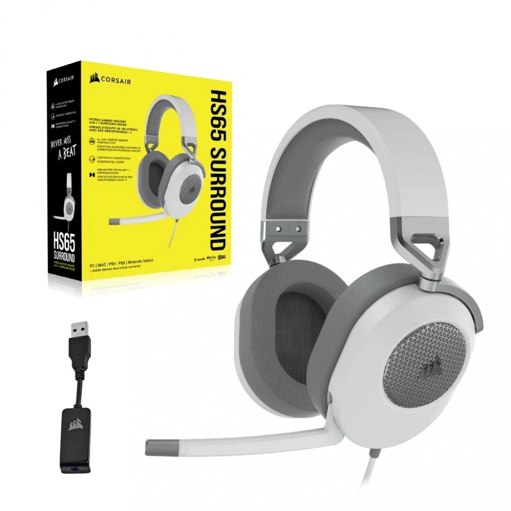 Corsair HS65 erdvinio garso ausinės, Su laidu, Baltos