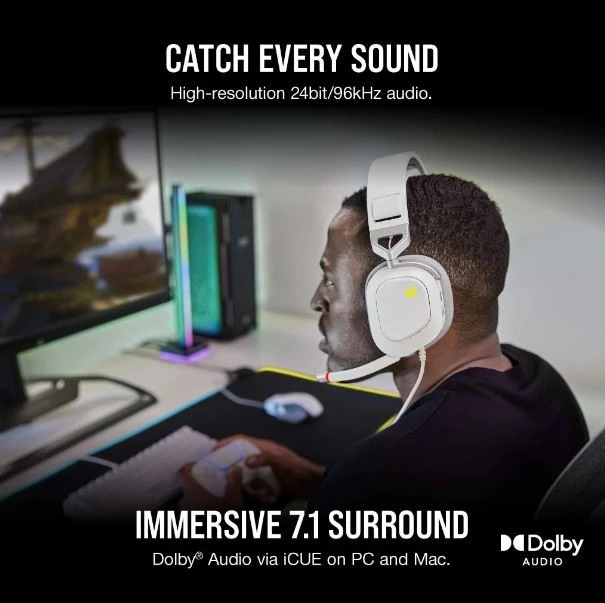 Corsair Ausinės Žaidimams HS80 RGB Su mikrofonu, Baltos, Over-Ear Su laidu