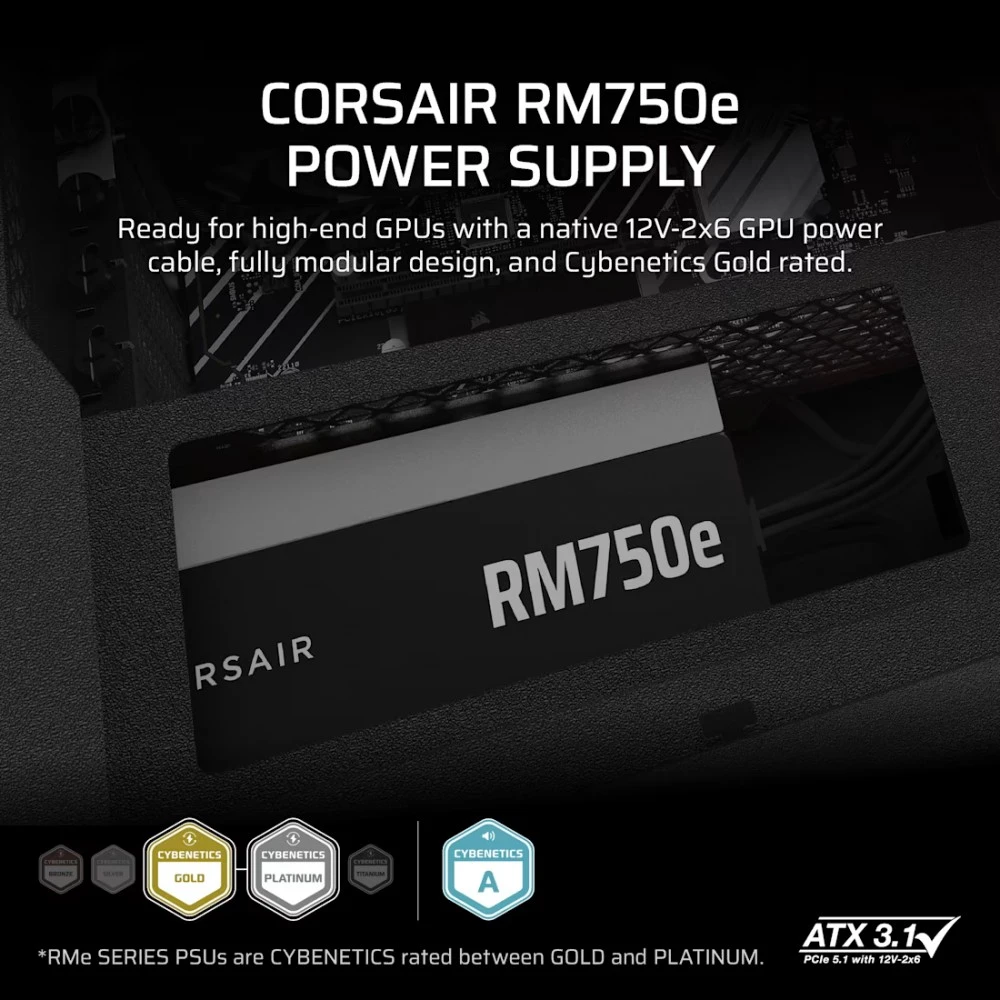 CORSAIR RMe serijos RM750e 750 vatų ATX 3.1 PCIe 5.1 Cybenetics Gold sertifikuotas visiškai modulinis maitinimo šaltinis