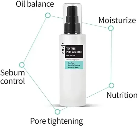 Coxir Tea Tree Pore & Sebum Emulsion emulsija su arbatmedžio ekstraktu riebiai odai kontroliuoti, 100 ml
