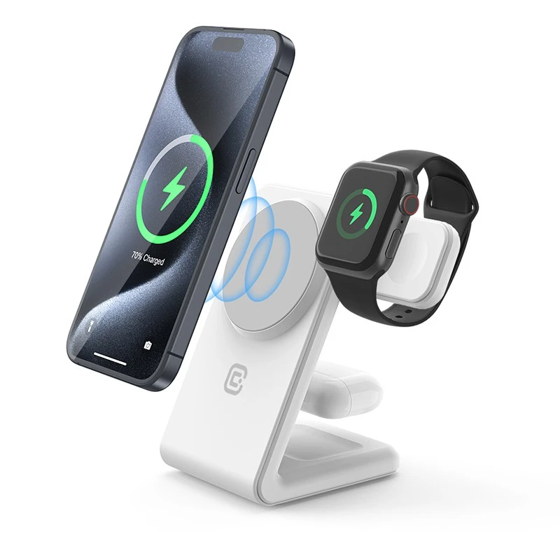 „Crong MagSpot Pivot“ stovas – „MagSafe“ įkroviklis, skirtas „Apple iPhone“, „Apple Watch“ ir „AirPods“ ausinėms, „Snow“ baltos spalvos