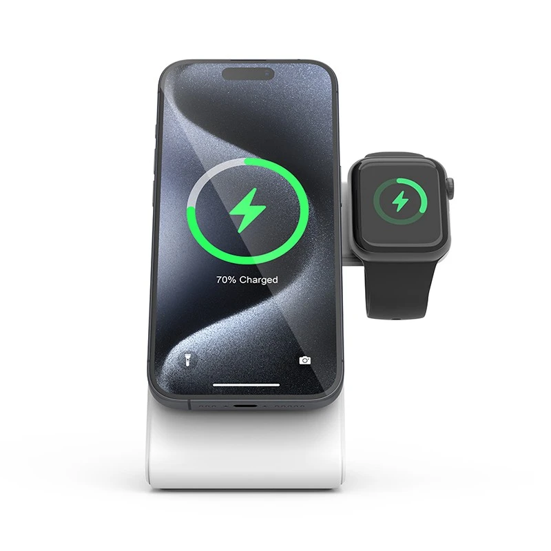 „Crong MagSpot Pivot“ stovas – „MagSafe“ įkroviklis, skirtas „Apple iPhone“, „Apple Watch“ ir „AirPods“ ausinėms, „Snow“ baltos spalvos