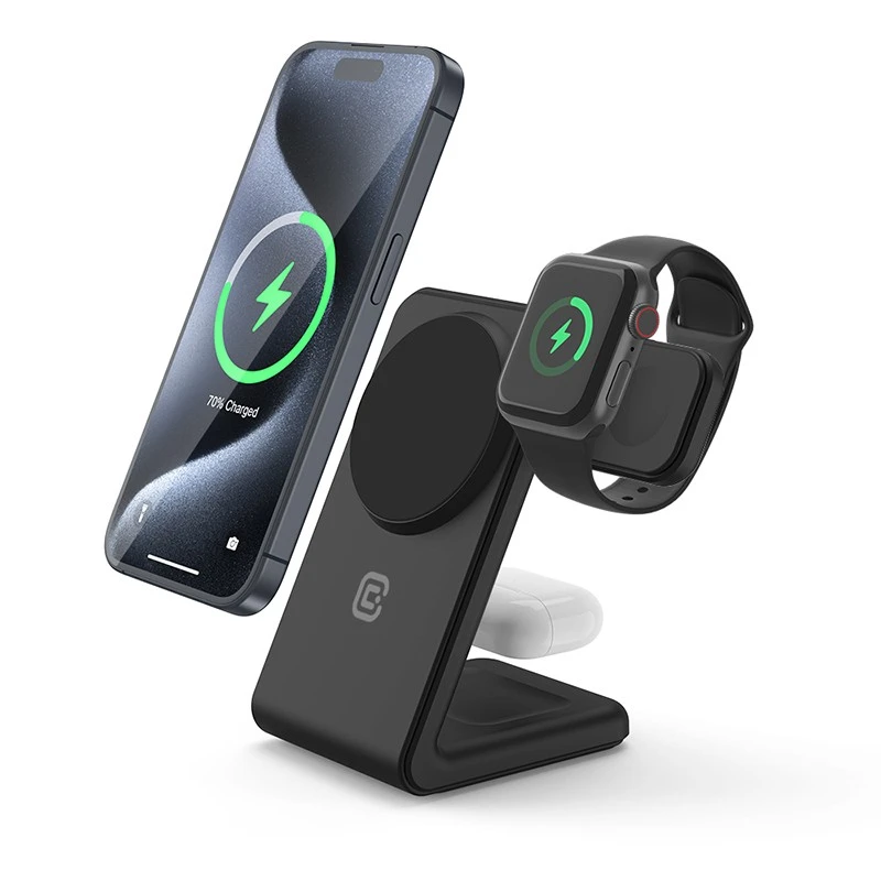Crong MagSpot Pivot Stand - MagSafe įkroviklis for Apple iPhone, Apple Watch and AirPods Shadow juodos spalvos