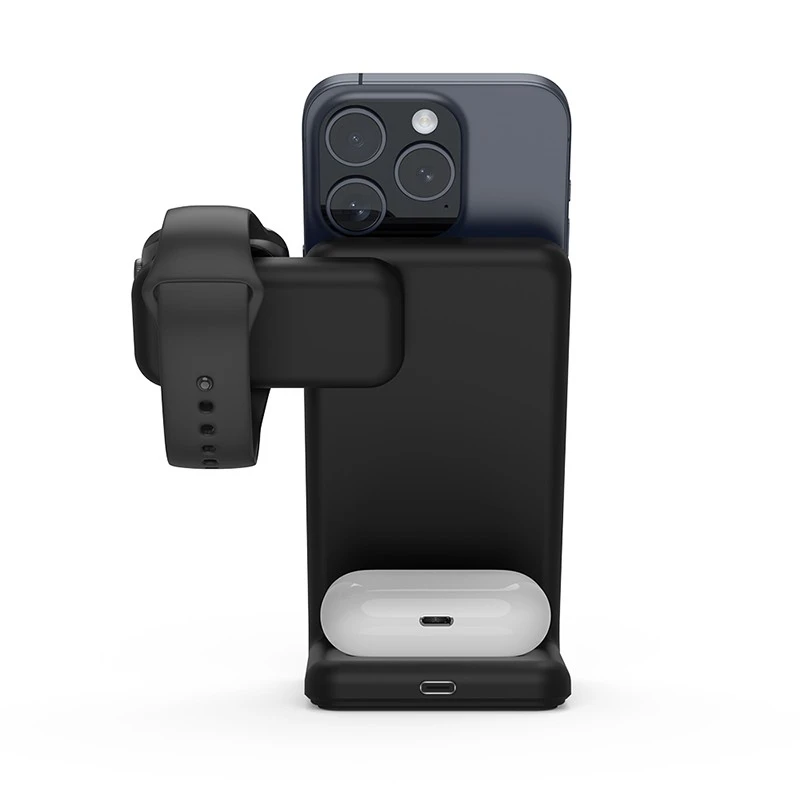 Crong MagSpot Pivot Stand - MagSafe įkroviklis for Apple iPhone, Apple Watch and AirPods Shadow juodos spalvos