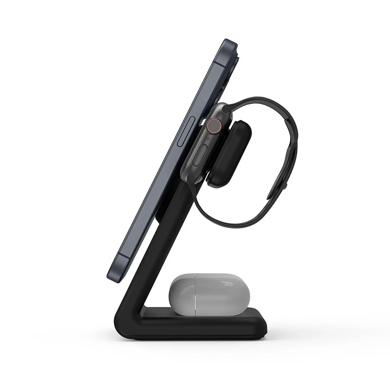 Crong MagSpot Pivot Stand - MagSafe įkroviklis for Apple iPhone, Apple Watch and AirPods Shadow juodos spalvos