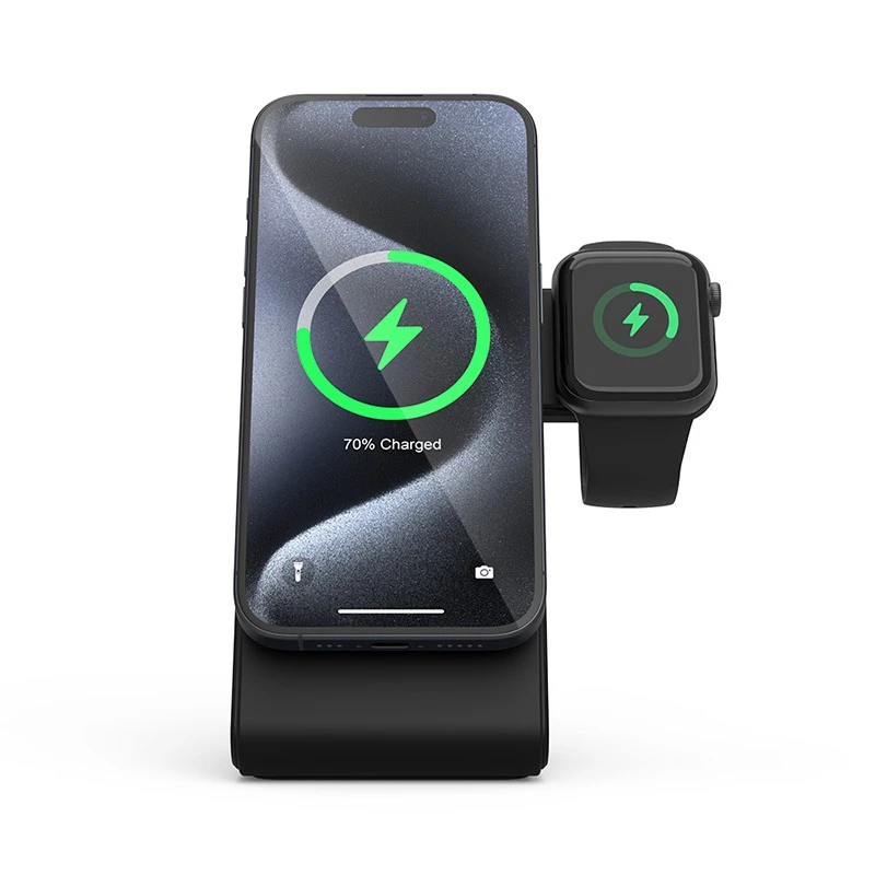 Crong MagSpot Pivot Stand - MagSafe įkroviklis for Apple iPhone, Apple Watch and AirPods Shadow juodos spalvos